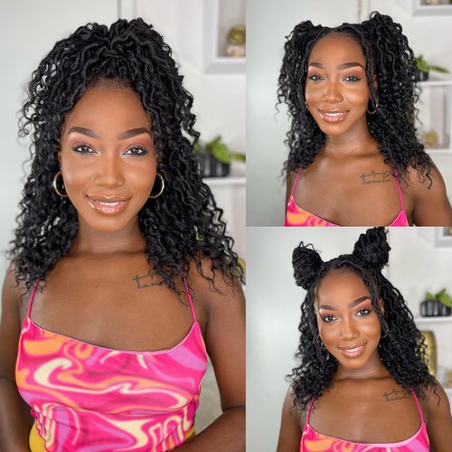 8 Packs River Faux Locs Crochet Hair 14inch New Goddess Locs Crochet Hair Boho Faux Locs Wavy Crochet Curly Hair with Curly Ends Synthetic Hair Extensions (14" 8Packs 1B#)
