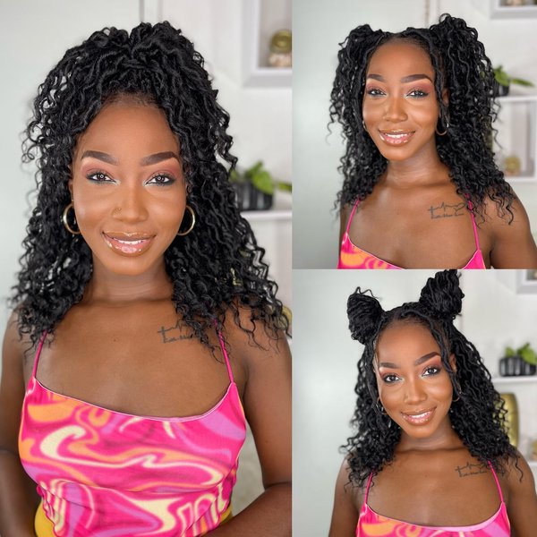 8 Packs River Faux Locs Crochet Hair 14inch New Goddess Locs Crochet Hair Boho Faux Locs Wavy Crochet Curly Hair with Curly Ends Synthetic Hair Extensions (14" 8Packs 1B#)