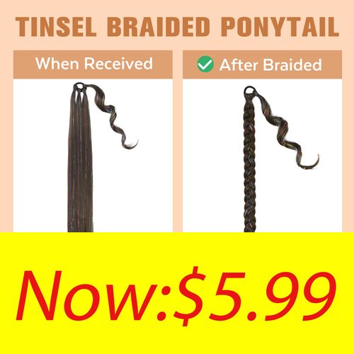 HANNE 34 inch Long Box Braided Ponytail with Sparkling Tinsel Hair Ponytail for Black Women Hair Tie Wrap Around Tinsel Ponytail Extension (8/10#)