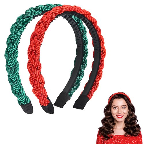 SeBneny 2pcs Christmas Headbands for Women Bright Silk Braided Headbands Green Red Braided Hair Band