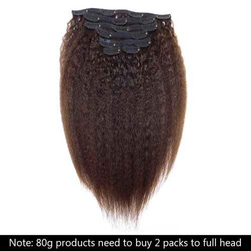 Yaki Hair Clip in Natural Hair Extensions for Black Women Virgin Remy Hair Kinky Straight 12 Inch Dark Brown #2 10"-24" 7 Pcs Double Weft (80g 12'', Brown)