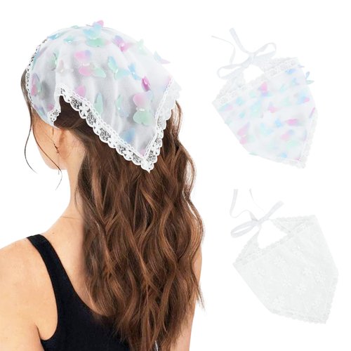 DOCILA 2 Pack Hair Bandanas Headbands For Women Cotton Linen White Lace Triangle Head Scarf Chic Chiffon Butterfly Hairbands Stylish Spring Summer Hair Accessories