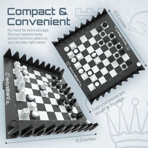 VENTUREBOARD XL Full-Size 10 Inches Magnetic Unique Chess Set Board Game - Folding Board, Travel Chess Board Game Pieces - (Black/Grey)