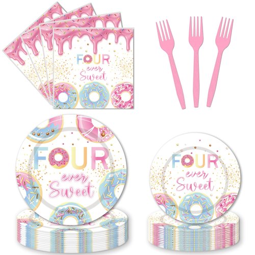 EUOYUFO 96PCS Four Ever Sweet Plates and Napkins Party Supplies 4th Birthday Decorations Girl Donut Birthday Party Decorations 4 Year Old Donut Themed Tableware Set for 24 Guests