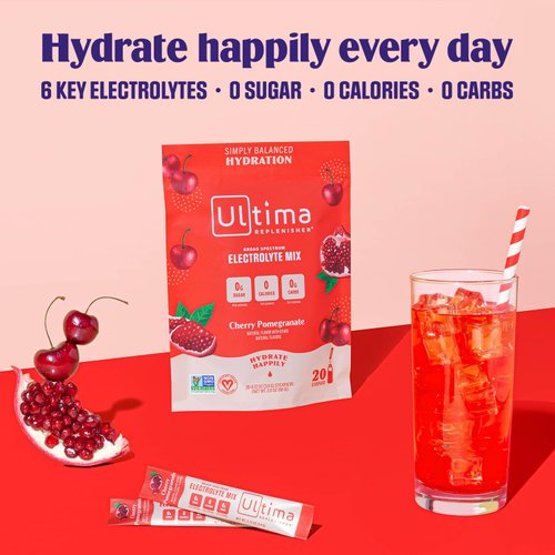 Ultima Replenisher Daily Electrolyte Drink Mix – Cherry Pomegranate, 20 Stickpacks – Hydration Packets with 6 Electrolytes & Minerals – Keto Friendly, Vegan, Non-GMO & Sugar-Free Electrolyte Powder