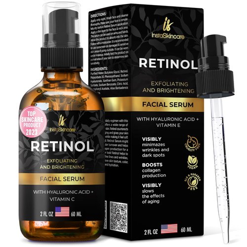 InstaSkincare DOUBLE SIZED (2Oz) Retinol Serum for Face with Hyaluronic Acid + Vitamin E and A + Aloe Vera Anti-Aging Serum Pore Tightener Fade Dark Spots Clinical Strength Formula