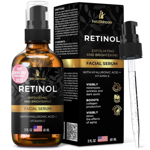 InstaSkincare DOUBLE SIZED (2Oz) Retinol Serum for Face with Hyaluronic Acid + Vitamin E and A + Aloe Vera Anti-Aging Serum Pore Tightener Fade Dark Spots Clinical Strength Formula