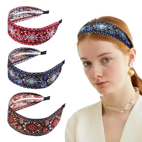 Boho Headbands for Women, 3Pcs Embroidery Flowers Hairbands Wide Hair Hoop Elastic Non Slip Head Bands with Teeth Fabric Adjustable Headband Vintage Hair Accessories for Woman Girls