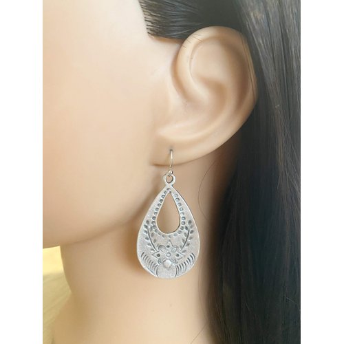 Antique Silver Floral Stamp Teardrop on Sterling Silver Earrings Boho Women Handmade Sundance Dreams Designs
