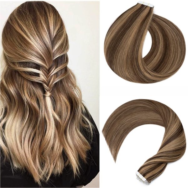 Tape in Hair Extensions Real Human Hair 20pcs 50g 100% Remy Hair Extensions of Balayage Medium Brown Highlighted Dark Blonde Seamless Straight Double Sided Tape in Hair Extensions (20 inch #4P27)