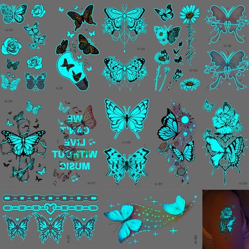 Blue Glow In The Dark Temporary Tattoos For Women Girls,12 Sheet Glow Theme Party Tattoos Stickers with Luminous for Adults Kids Glow In The Dark Party Makeup Party Favors (Moonlit Butterflies)
