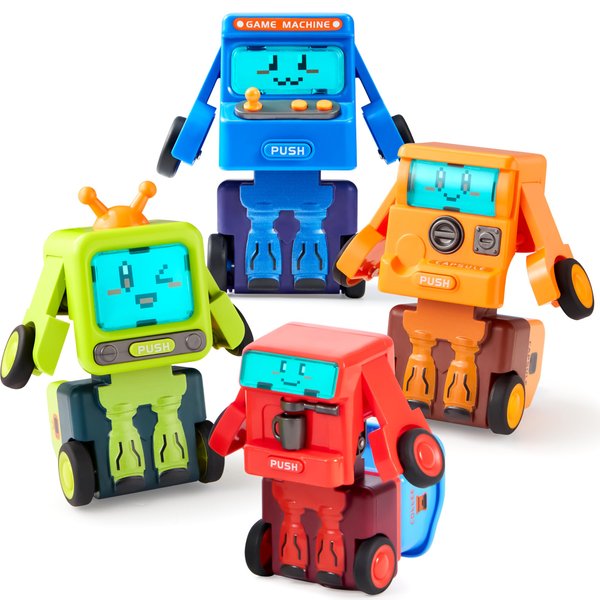 SYNCFUN 4 Pack Toy Cars for Toddler, Push & Go Transforming Robot Toy Cars, Construction Vehicles Set for Boys Girls, Birthday Party Favor Gifts for Kids