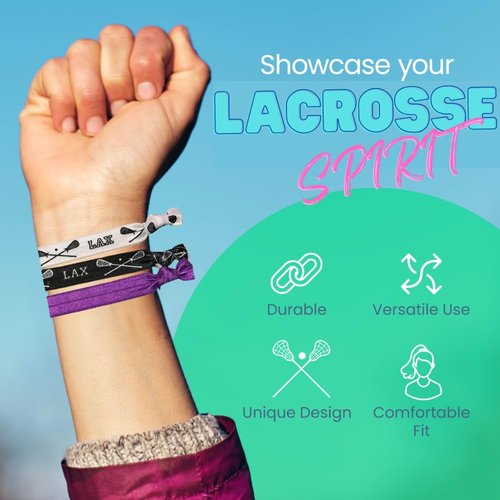 Lacrosse Hair Accessories for Girls (Purple) No Crease Girls Hair Ties or Hair Elastics, Hair Accessories with Lacrosse Stick Design, Hair Tie for Lacrosse Players (6 pcs) - by SPORTYBELLA