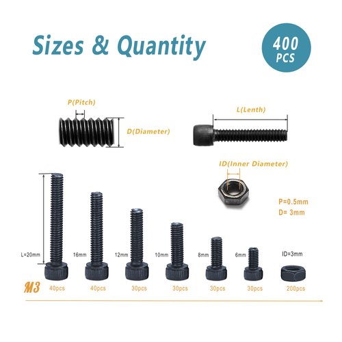 Kadrick Small Metric Screws Suitable for 3D Printer DIY, 400 Pcs M3 Screw and Nut Assortment Hex Socket Head Cap, 12.9 Grade Alloy Steel,Black Zinc Plated