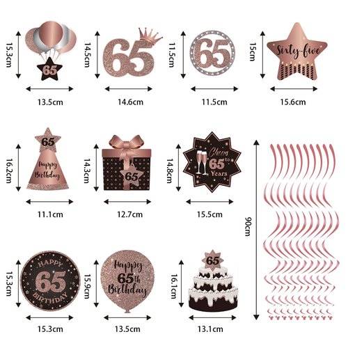 Happy 65th Birthday Party Hanging Swirls Streams Ceiling Decorations, Celebration 65 Foil Hanging Swirls with Cutouts for 65 Years Old Rose Gold Birthday Party Decorations Supplies