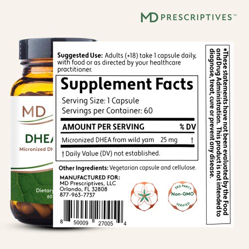 MD Prescriptives DHEA 25mg Dietary Supplement - Micronized from Natural Wild Yam - Supports Bone Health & Hormone Balance* - Suitable for Vegetarians - Just One Capsule Daily - 60 Capsules