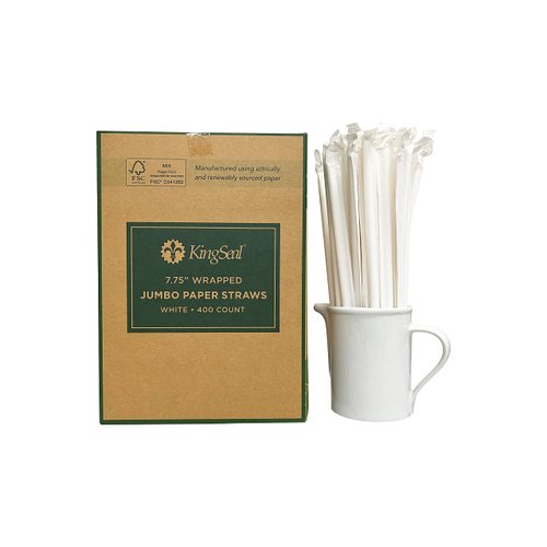 Kingseal Disposable PAPER Drinking Straws, FSC Certified, Paper Wrapped, WHITE, 7.75 Inch Length x 6mm Diameter, "Jumbo" Size, Biodegradable, Earth Friendly, Bulk Pack - 400 Count Box