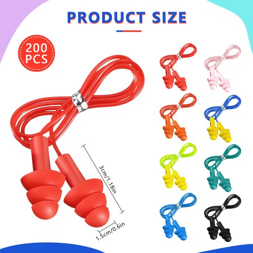 Xuhal 200 Pairs Corded Ear Plugs Bulk Silicone Earplugs Noise Reduction Ear Plugs with String Hearing Protection Reusable Ear Plugs for Adults Sleeping Swimming Noise Canceling