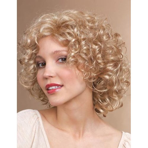 TISHINING Short Blonde Curly Wigs for White Women with Bangs Full Bouncy Curly Mixed Blonde Synthetic Short Hair Wigs for Women Natural Looking Heat Hair Replacemnet Wig