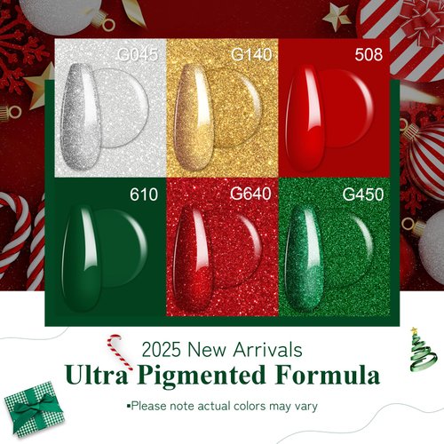 COLORTIFIC Christmas Gel Nail Polish, Salon Quality, 6 Colors Green Red Gold Silver Gel Polish Set Soak Off U V Led Nail Art Manicure DIY at Home Gift for Girls Women