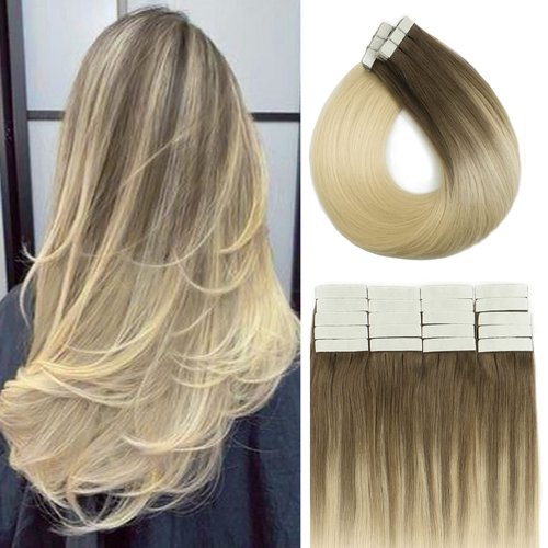 Tape in Hair Extensions Light Brown Mix with Platinum Blonde 14 Inch 50 Grams 20pcs Hair Extensions Tape Natural Soft Silky Straight Tape in Human Hair Extensions Natural Soft Tick Extensions