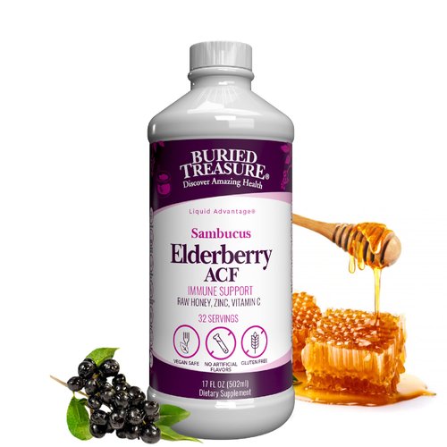 Buried Treasure Elderberry ACF with 4,000 mg Elderberry Sambucus Whole Fruit Concentrate, Vitamin C Plus Raw Local Honey Liquid Immune Support 16 oz