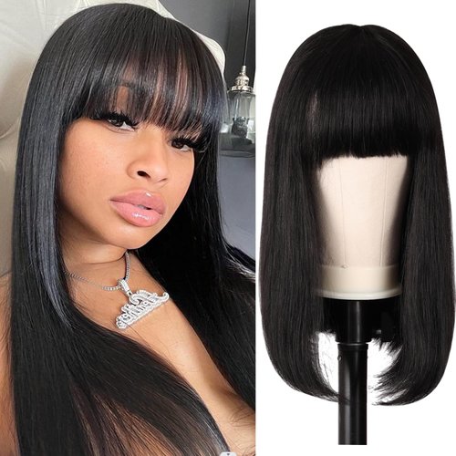 Poditom 16 Inch Bob Wig with Bangs Human Hair Bob Wigs 150% Density Brazilian Virgin Hair Machine Made Wigs for Black Women for Party Daily Use (Black Bob Wig 16in)