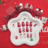 Christmas Press on Nails Short Coffin Fake Nails with Snowflake Stripe Designs French Tip Nails Press ons Glossy Glue on Nails Red Acrylic Nails Winter Nude Stick on Nails for Women 24Pcs