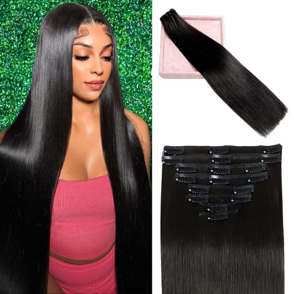 POGINJA Clip in Hair Extensions Real Human Hair, 20 Inch Remy Human Hair Clip in Extensions for Black Women, Invisible Natural Straight Seamless Clip ins Hair Extensions 8pcs Double Weft #1B 100g