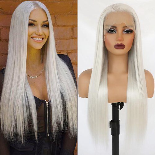 Conkolar 13x4 Platinum Blonde Lace Front Wigs Long Straight Hair White Wig Synthetic Lace Front Wigs for Women Kanekalon Futura Hair Daily Party Halloween Use 24inch