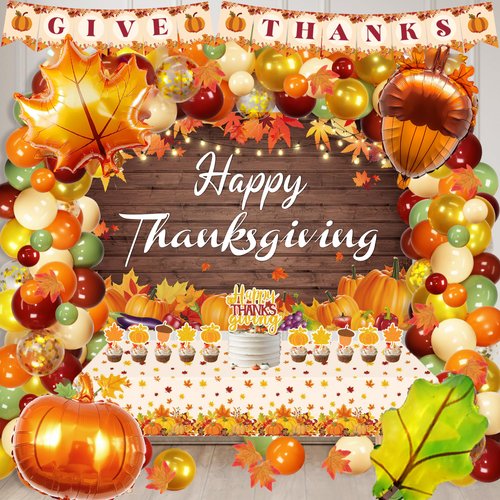 Thanksgiving Party Decorations Kit Fall Pumpkin Thanksgiving Party Supplies Autumn Thanksgiving Balloon Arch Garland Banner Backdrop Tablecloth Cake Cupcake Topper Maple Leaves Fall Thanksgiving Party