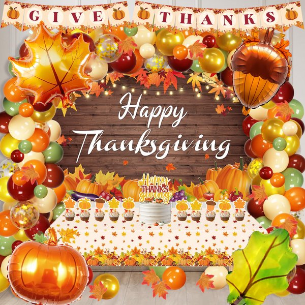 Thanksgiving Party Decorations Kit Fall Pumpkin Thanksgiving Party Supplies Autumn Thanksgiving Balloon Arch Garland Banner Backdrop Tablecloth Cake Cupcake Topper Maple Leaves Fall Thanksgiving Party