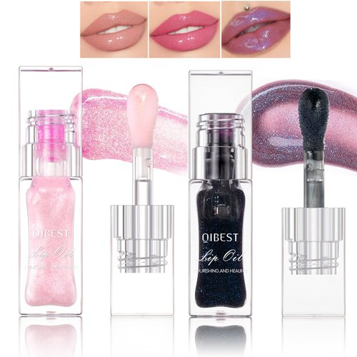 Magic Color Changing Lip Oil Temperature Change Lip Glow Oil Moisturizing Plumping Lip Gloss, No-Sticky Transparent Lip Care Tinted Lip Gloss Oil (Pink + Black)