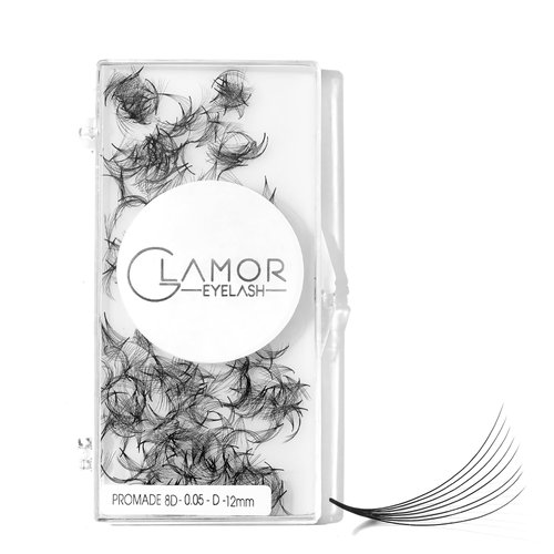 GLAMOREYELASH 500 Promade Volume Fans Loose Eyelash Extension, Handmade Individual Lashes Loose Fan 3D-16D, 0.03/0.05/0.07mm Thickness, C CC D Curl for Mink Lashes, 8-16mm Length (8D-0.05-C, 8mm)