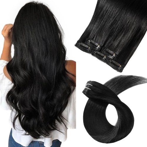 FUBILI clip in Hair Extensions Natural Black Real Human Hair 14inch 30g 5pcs to add volume Remy Human Hair Extensions