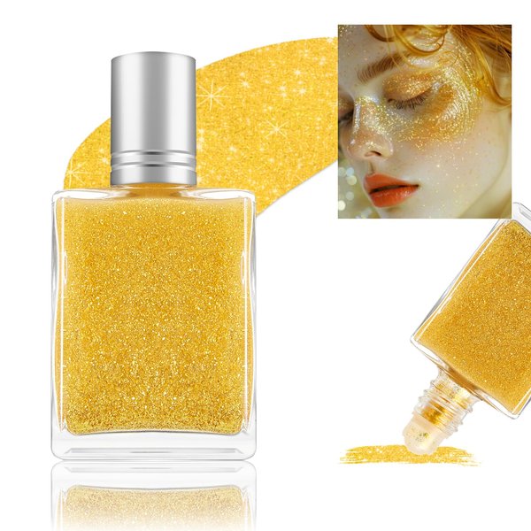 HOSAILY Sparkle Roll on Body Glitter Mermaid Makeup, Waterproof Moisturizing Long Lasting Face Glitter, Quick-Drying Non-Greasy Body Shimmer for Festival Rave Party Accessories Halloween Makeup#Gold