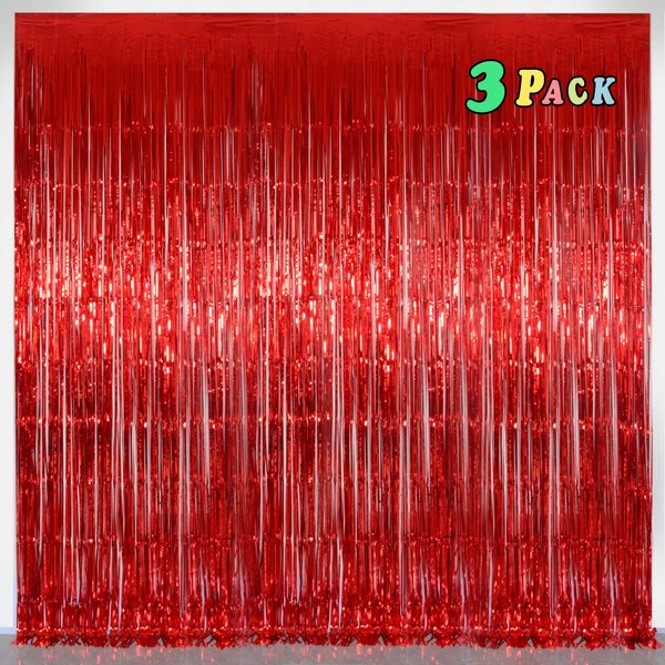 Red Metallic Tinsel Foil Fringe Curtains，Melsan 3.2 x 8 ft Foil Curtian Tinsel Backdrop Party Supplies for Birthday, Engagement, Christmas, Birthday, Anniversary, Valentine's Day - 3 Packs