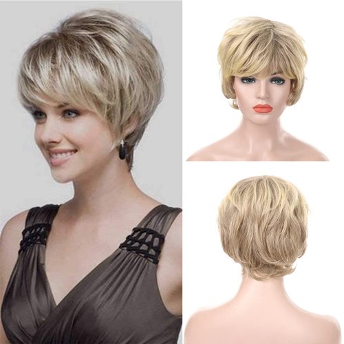 Bybrana Hair Short Wigs for Middle Age Women Black Mixed Blonde Pixie Cut Wig with Bangs Natural Heat Resistant Wigs for White Women