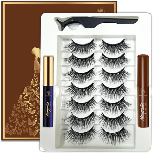 7C SevenCrown Magnetic Eyelashes, 7 Pairs Reusable Cat-eye Wispy Magnetic Lashes with 2 Tuble Magnetic Eyeliner（1 black+1brown) Vegan & Cruelty Free