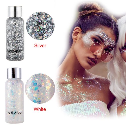 AWCCXMYM Body Glitter Gel Face Glitter for Body,Face,Eye,Hair Glitter Makeup Liquid Long Lasting Sparkling Mermaid Scales for Festival Art Party Halloween for Woman Kids(Silver)