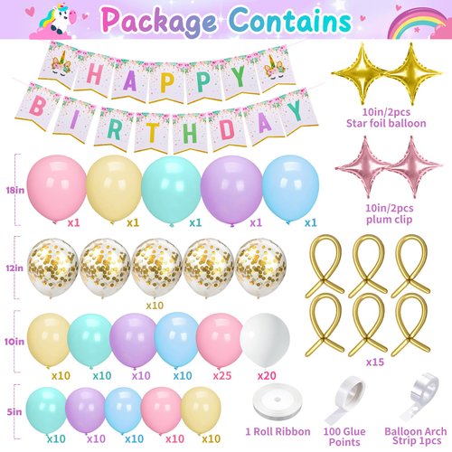 Winrayk 174Pcs Unicorn Balloons Arch Kit Unicorn Birthday Decorations for Girls Pastel Pink Purple Unicorn Balloon Garland Happy Birthday Banner Confetti Star Rainbow Unicorn Party Decoration Supplies