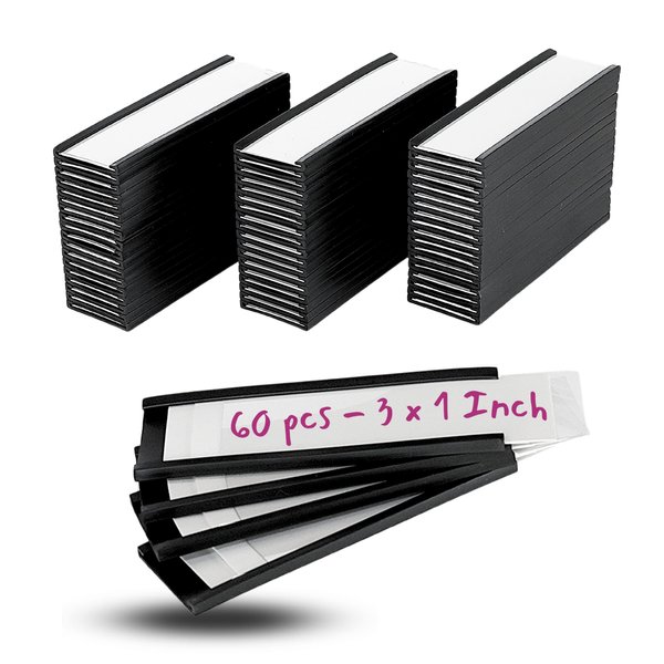 Availey 60 Pack Magnetic 'C' Channel Label Holders for Metal Racks and Shelves with Protective Films and Replacement Strips 3" x 1"