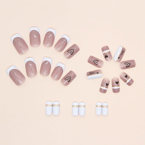 Press on Nails Square Medium Black Love Heart False Nails with Design Valentine's Day Fake Nails White Glitter French Acrylic Nails Full Cover Coffin Artificial Nails, Glue on Nails for Women 24Pcs