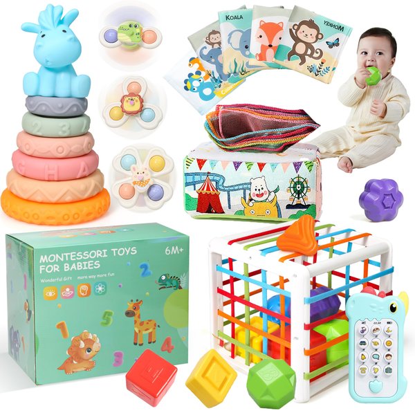 Montessori Baby Toys 6-18 months,Sensory Shapes & Storage Bin,Stacking Ring,Dinosaur Phone,Suction Cup Spinner Toy,Cloth Book,Infant Bath Time Fun,6 in 1 Toddlers Toy Gifts for 1-3 Year Old Boys Girls