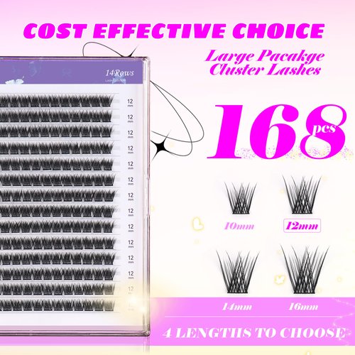 GAQQI Lash Clusters, GQ03 False Eyelashes DIY Lash Extensions C Curl 168PCS Cluster Lashes 12MM, Wispy and Natural Lash Wisps (GQ03,12mm,C Curl)