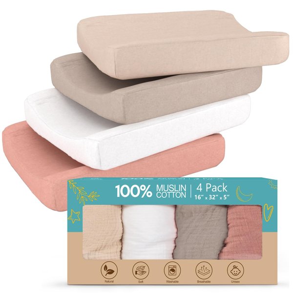 CrimsonMark 100% Muslin Changing Pad Cover Pack of 4-32x16 Ultra Soft 120GSM Baby Changing Pad Covers for Girls and Boys - Easy wash Diaper Changing pad Cover with Low Shrinkage