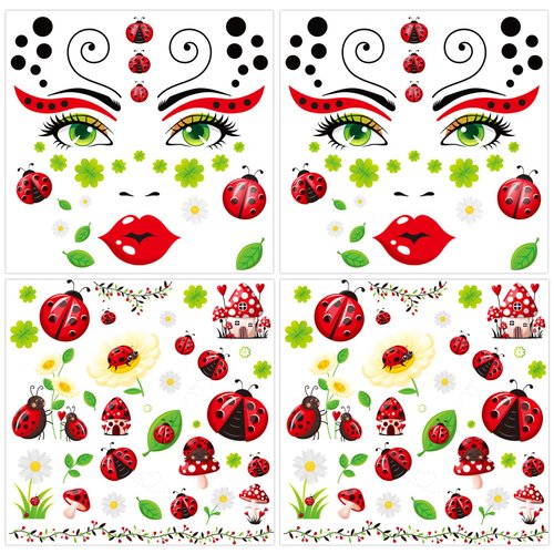 HOWAF 4 Sheets Ladybug Face Tattoos Black & Red Lady Bug Face Tattoos for Women Girls Makeup, Spring Season Ladybug Temporary Tattoos for Beetle Party Birthday Supplies ladybug Costume Accessories