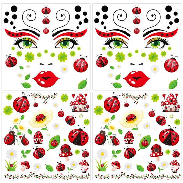 HOWAF 4 Sheets Ladybug Face Tattoos Black & Red Lady Bug Face Tattoos for Women Girls Makeup, Spring Season Ladybug Temporary Tattoos for Beetle Party Birthday Supplies ladybug Costume Accessories