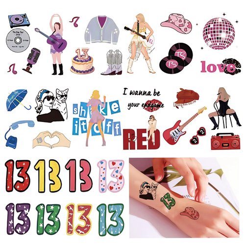 Tay-lor Temporary Tattoo for Singer Fans 10 Sheets, Lucky Number 13 Hand Face Tattoo Stickers for Girls Women, Concert Merch for Birthday Decorations Favors Party Supplies Pretty Christmas Gift