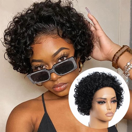 Rebecca Fashion 8 Inch Short Curly Lace Front Wigs Human Hair 13X1 Pixie Cut Short Curly Human Hair Wigs Short Wigs for Black Women Human Hair Natural Color